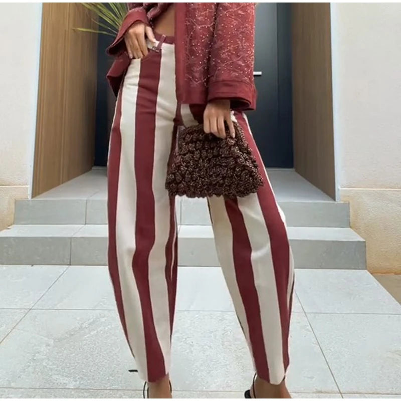 Women Striped Trousers Curved Knife Jeans  High Waist Contrasting Color Loose Versatile Casual Long Pants Women's Aladdin Pants