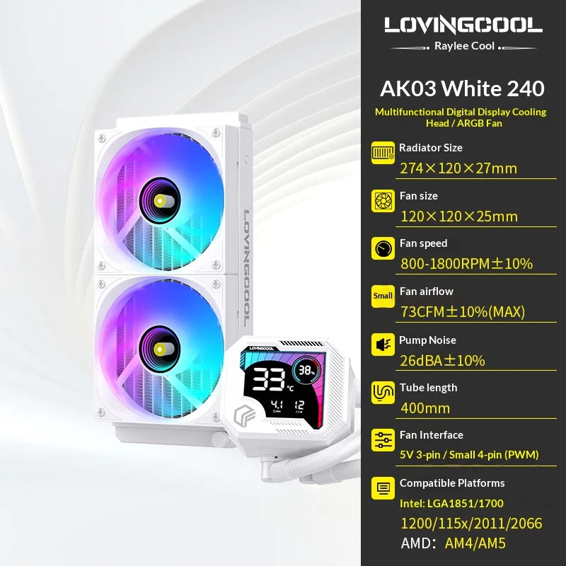 LOVINGCOOL AK liquid cooler 240mm 360mm broken code screen dynamic digital display ARGB PWM Abyss Mirror integrated water cooled