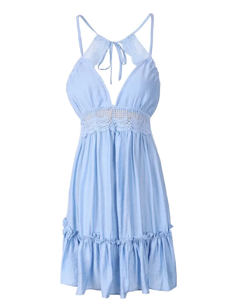2025 Women Sexy Backless Lace Mini Dress Fashion Elegant V-neck Beach Vacation Sleeveless Dress Summer Party Nightclub Vestidos