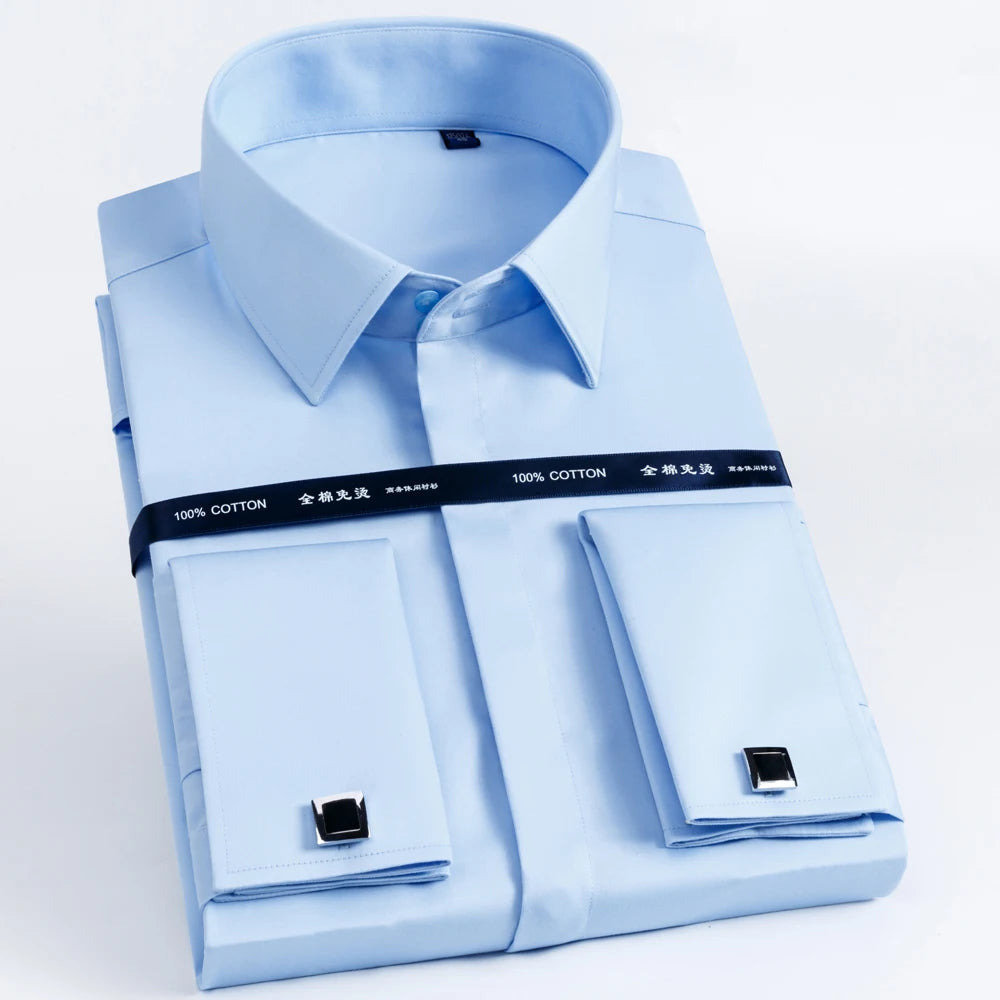 Men's 100% Cotton Iron-Free French Cuff Shirt Front Hidden Buttons Removable Collar Stays Formal Business Long Sleeve Shirts