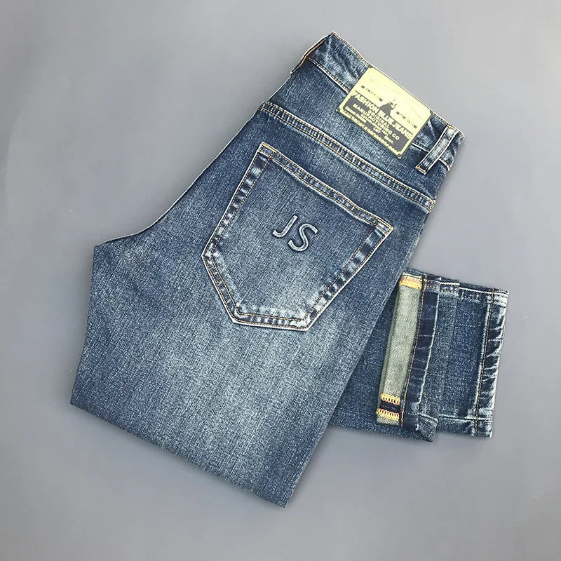 New Trendy Brand Jeans for Men Spring Autumn Slim Fit Small Feet Elastic Water Washed Retro Trendy Casual Long Pants