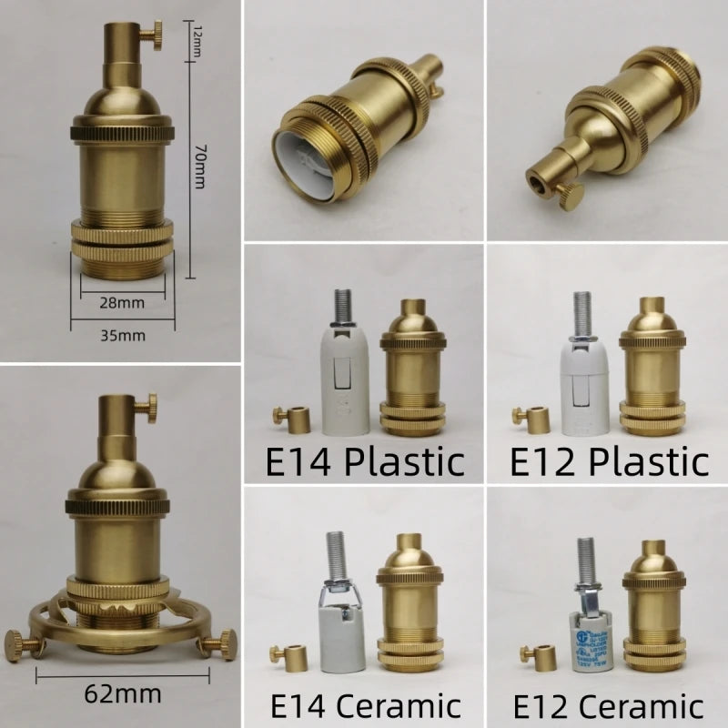 E14 Spiral Brass Light Sockets E12 Retro Ceiling Lamp Base Ceramic All Copper Accessories Lampshade Fixed Threaded Lamp Holder