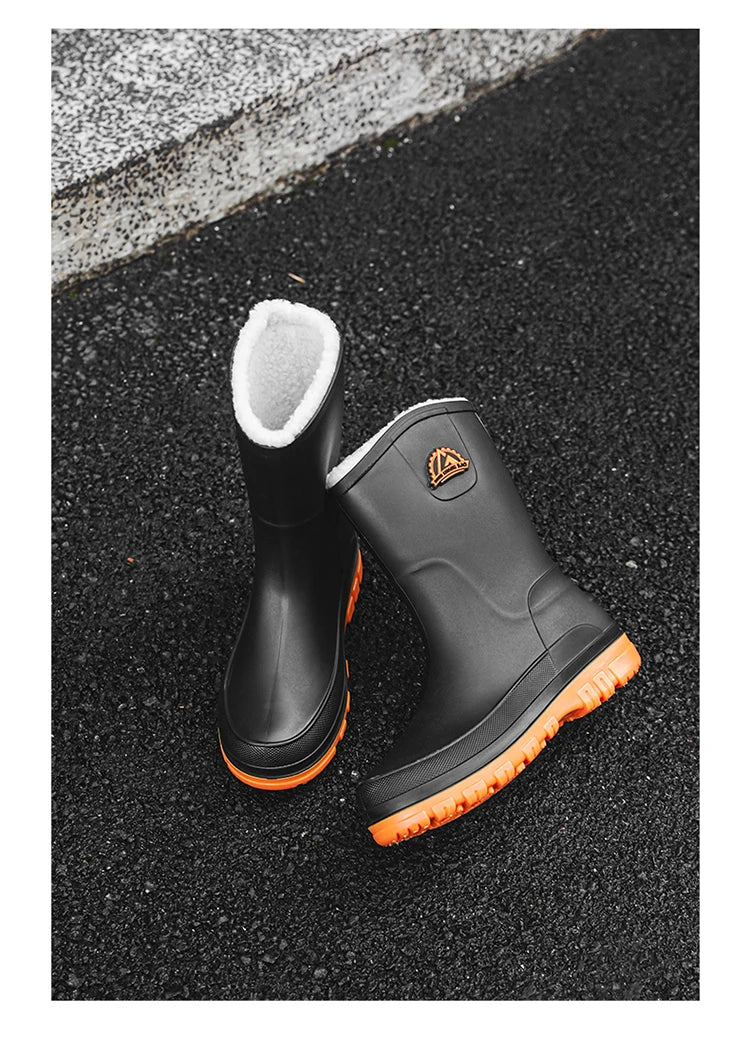 Men's Winter Fleece Lined Mid-Calf Rain Boots Anti-Slip Waterproof Work Rubber Boots Car Wash Fishing Outdoor Wear Water Shoes