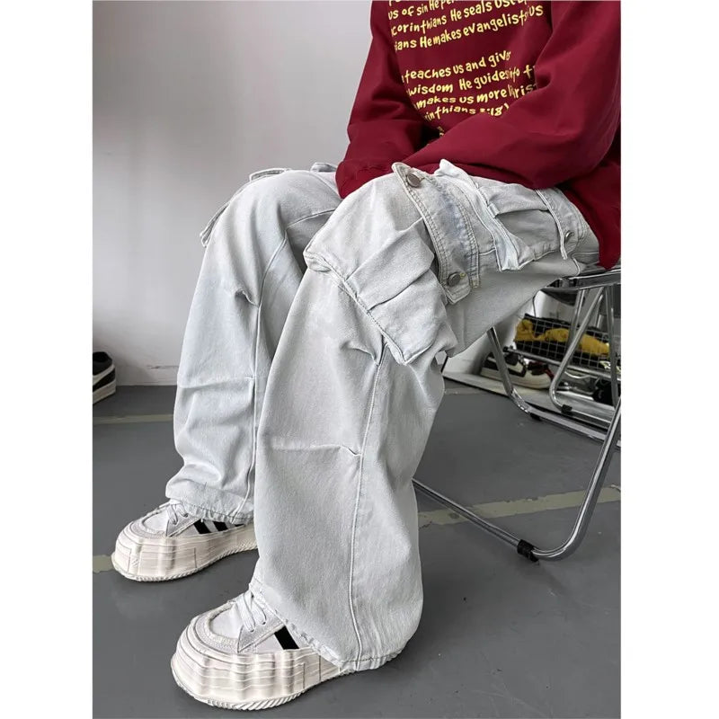 Cargo Jeans Men's Multiple pockets Patchwork Straight Casual Trousers Men Baggy Hip Hop Streetwear Loose Fashion denim Pants