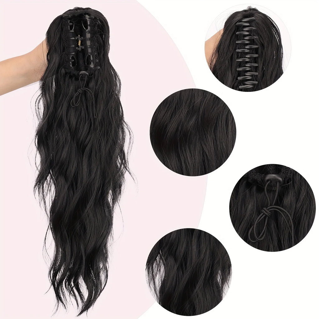 Black White Ombre Claw Clip Ponytail Hair Extensions Wavy Synthetic High Ponytail Hairpiece For Women