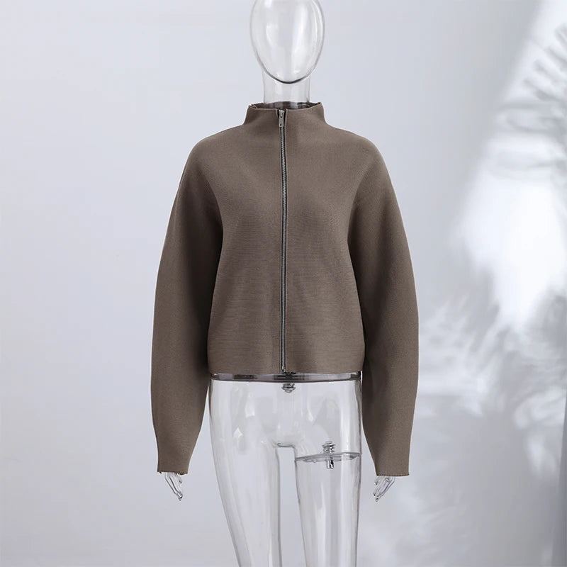 Elegant Knitted Zipper Women's Sweater Solid Full Sleeve Stand Collar Loose Open Stitch Female 2026 Fashion Autumn Outwear Lady