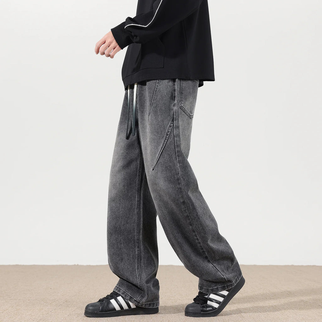 Jeans men's 2025 autumn new style American high street men's washed and worn drawstring trend straight leg denim pants