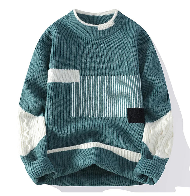 Half Turtleneck Men  Winter New Korean Version Loose Fashion Color Block Knitted Sweater Men's Base Shirt