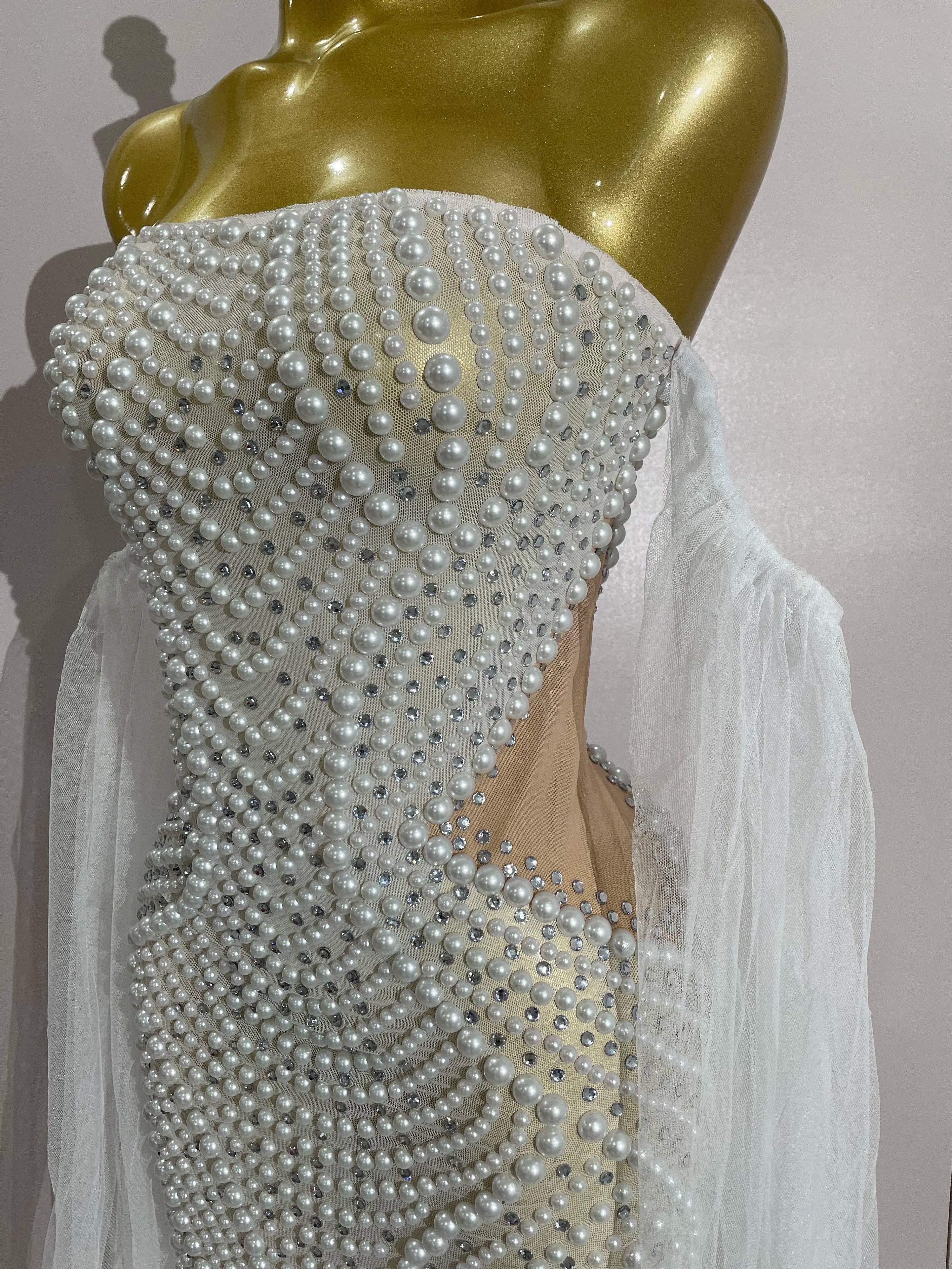 Elegant Sparkly Rhinestone White Pearl Sexy Strapless Mesh Long Dress Wedding Guest Gowns Luxury Birthday Evening Party Dress