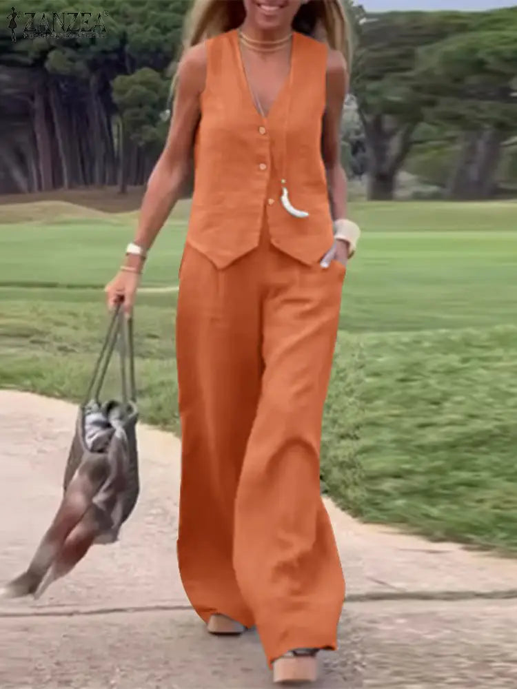 ZANZEA 2026 Women's Two-Piece Sets Wide Leg Pants & Vest Tops Summer Elegant Casual Pant Suits Outfits Office Work Plus Size 5XL