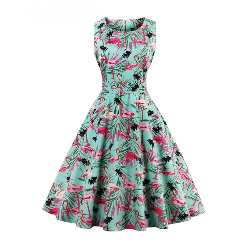 Flamingo Print High Waist Pinup Retro Dress S to 4XL 95% Cotton Women O-Neck Sleeveless Summer 50s Vintage Dresses women dress