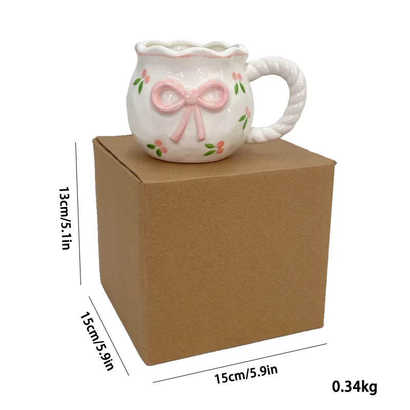 Bow Ceramic Coffee Cup Cute Handmade Ins Style Mug Drinking Water Afternoon Tea Gift Decoration Summer Dopamine Girlfriend Gift