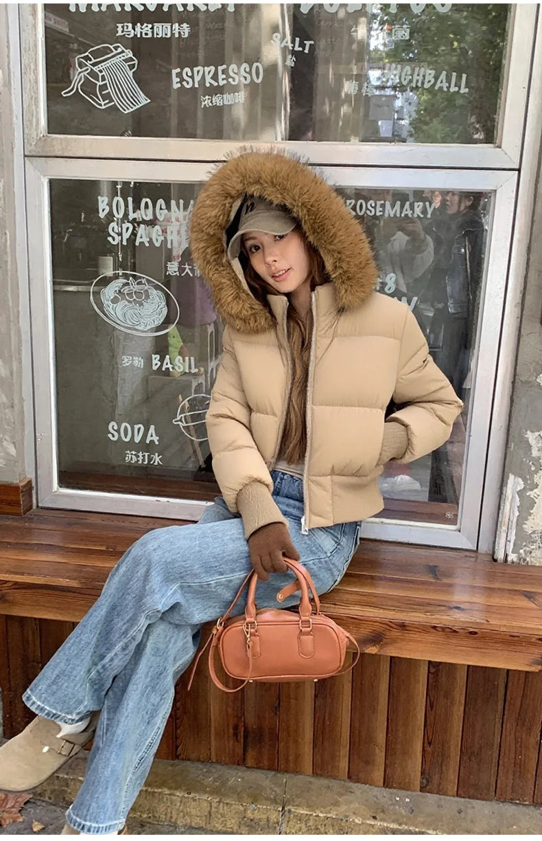 Winter New Women's Faux Fur Hooded Thick Padded Coat Slim Waist Short Cotton Jacket Sweet Style Warm Outerwear Parka