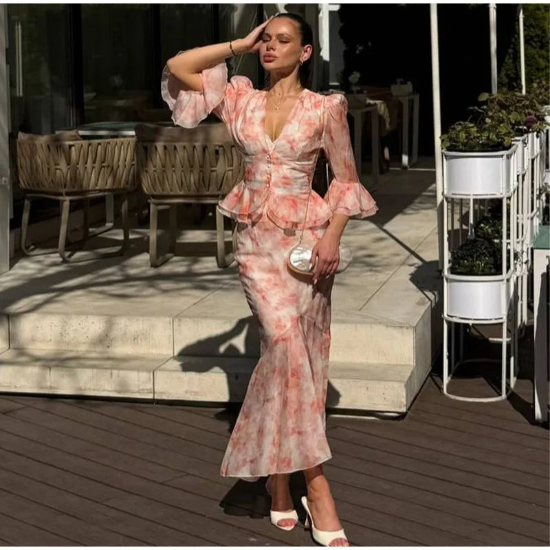 Floral Print Halter Neck Tiered Ruffle Dress Waist Cinched V Neck 2026 Summer Causal Women Vacation Irregular Layered Vestido