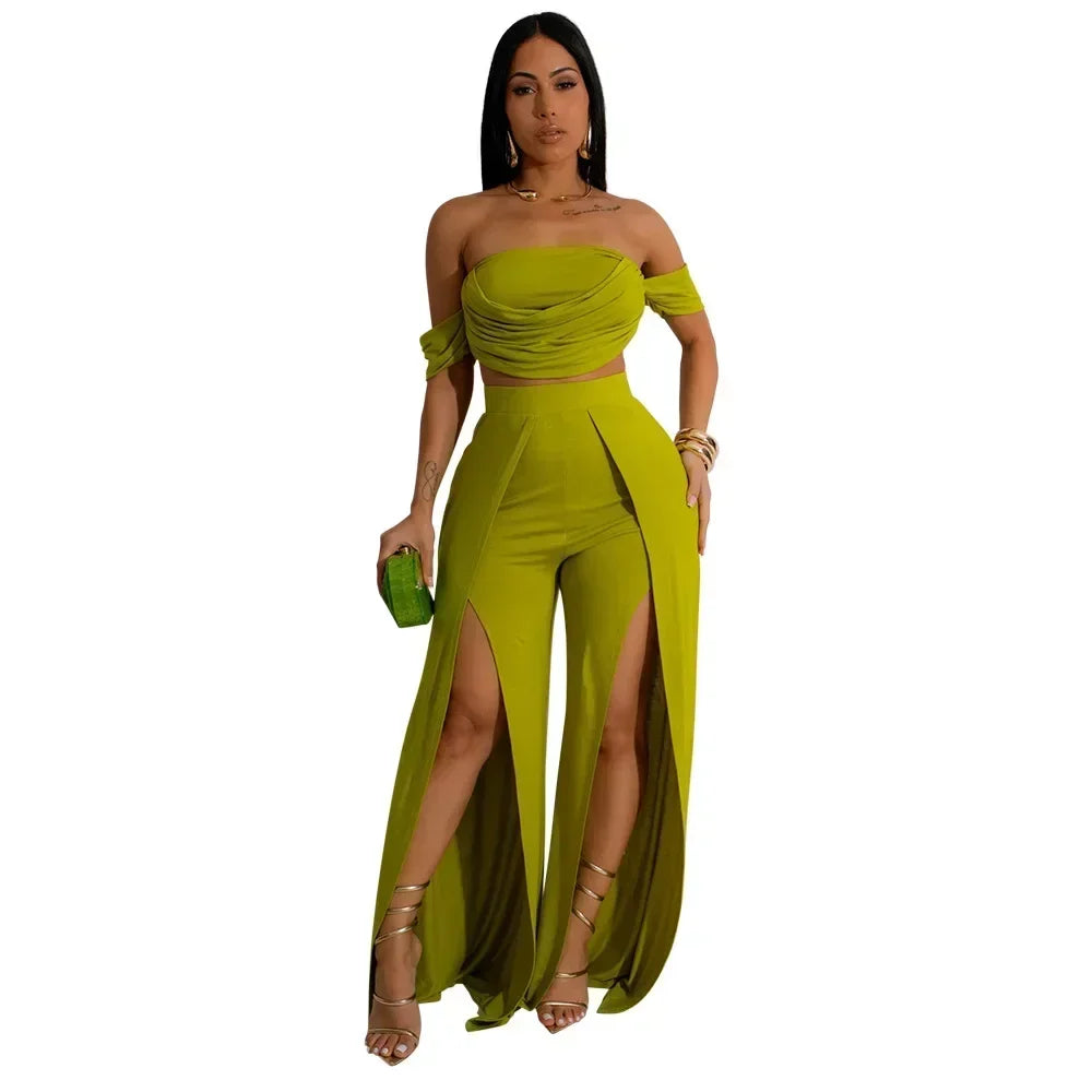 Women's Set Short Sleeve Slash Neck Ruched Tops and Wide Leg split Pants 2025 Street Two 2 Piece Sets Outfit Tracksuits