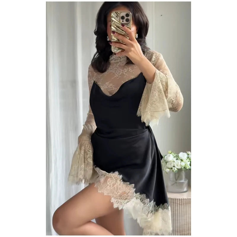 Elegant Sexy Lace Patchwork Mini Dress Women Full Flared Sleeve Waist Cinching See Through Short Dresses Lady Club Party Gowns