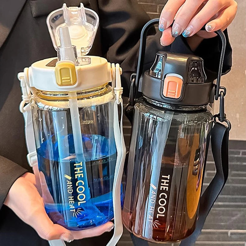 1.5/2 Liter Water Bottle Portable Plastic Sports Bottle With Straw Strap Large Tumbler Gym Travel Juice Drinking Bottle BPA Free