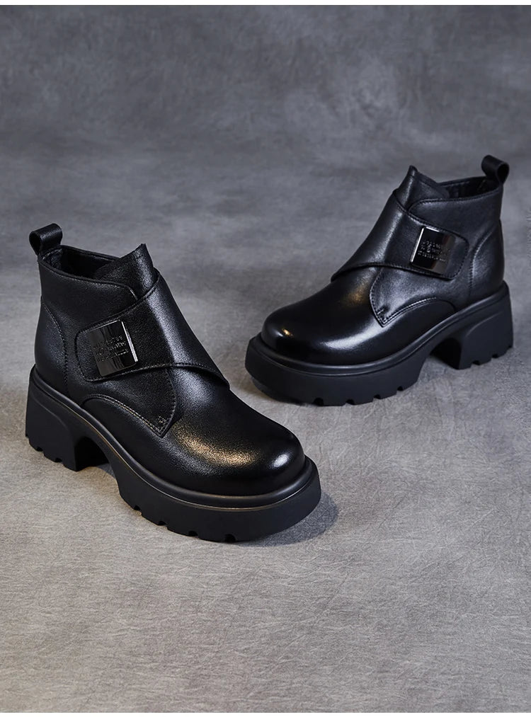 DRKANOL Wide Head Design Women Platform Boots Autumn Winter Warm Thick High Heel Hool And Loop Metal Genuine Leather Ankle Boots