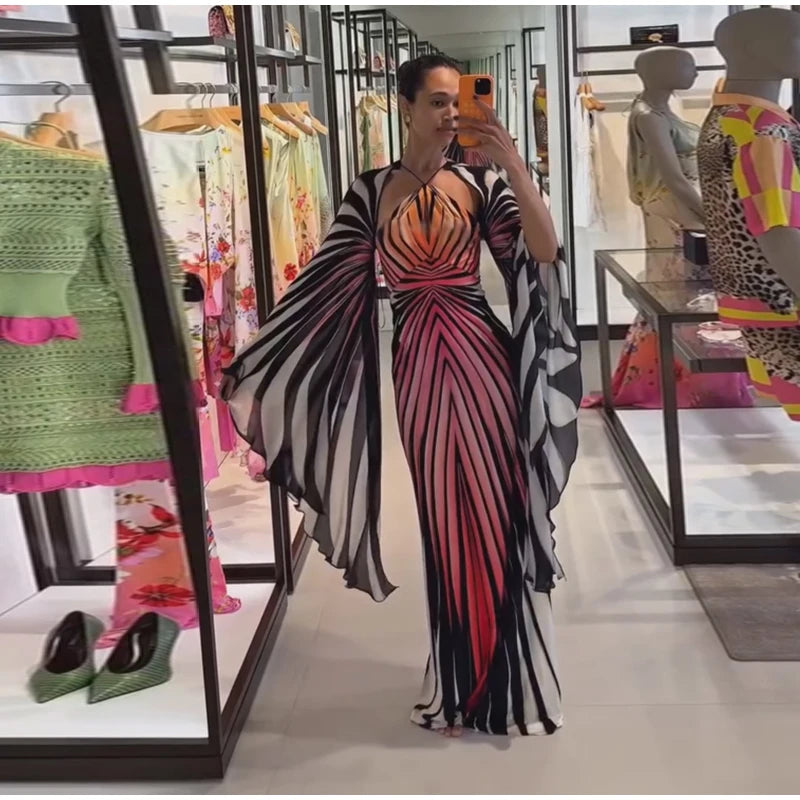 Sexy Printed Women's Dress Wide Sleeve Backless Waist-Closed Hip Package Lady Long Dresses 2026 Summer Autumn Chic Female Robe