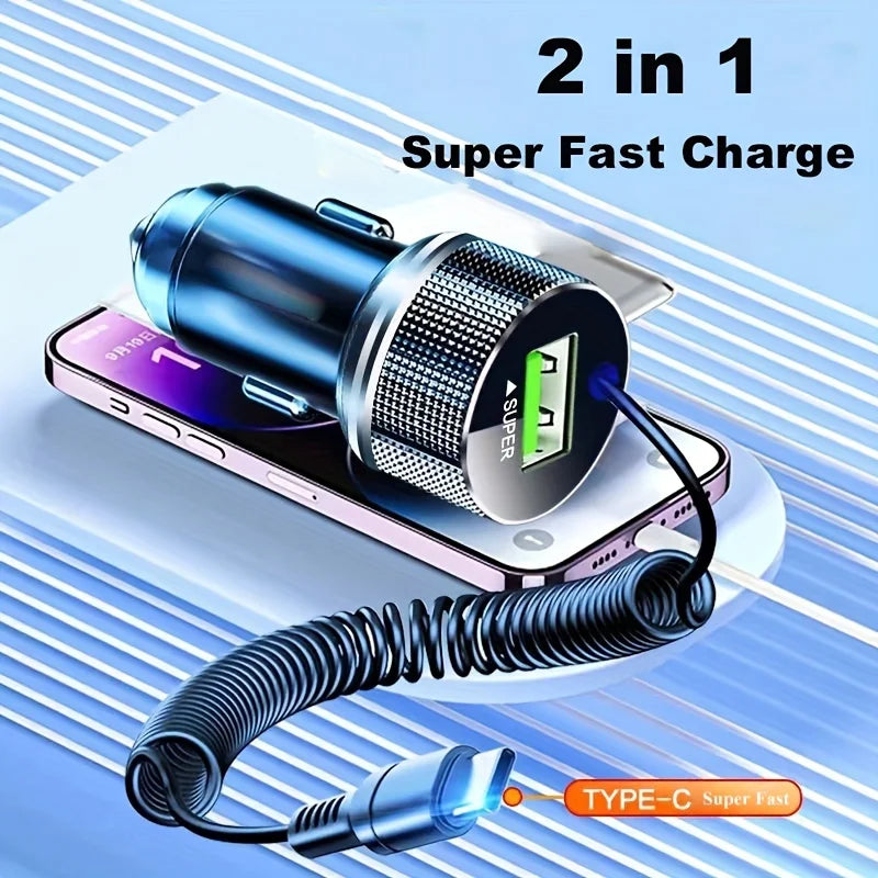 Metal USB C Car Charger with Spring Cable Super Fast Charging Adapter 12V for iPhone 15 14 13 Samsung OPPO VIVO Huawei Oneplus