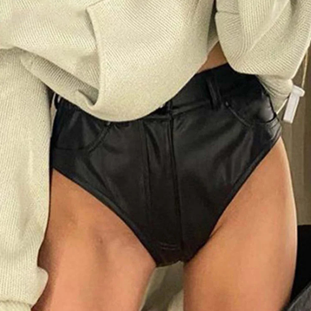 Sexy Black PU Casual Fashion Summer Shorts Women Clothing Goth Faux Leather High Waisted Womens Shorts Y2K Hot Woman Short Pants