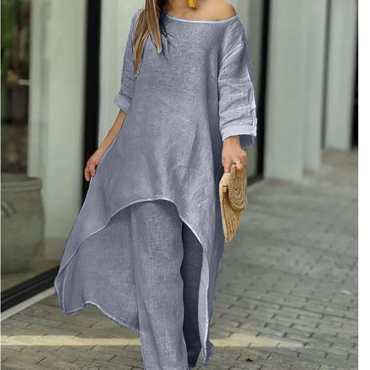 2025 Loose New In Matching Sets Two Piece Outfit 2 Pieces Set For Woman Solid Color Irregular Hem Long Sleeves Wide Legs Trouser
