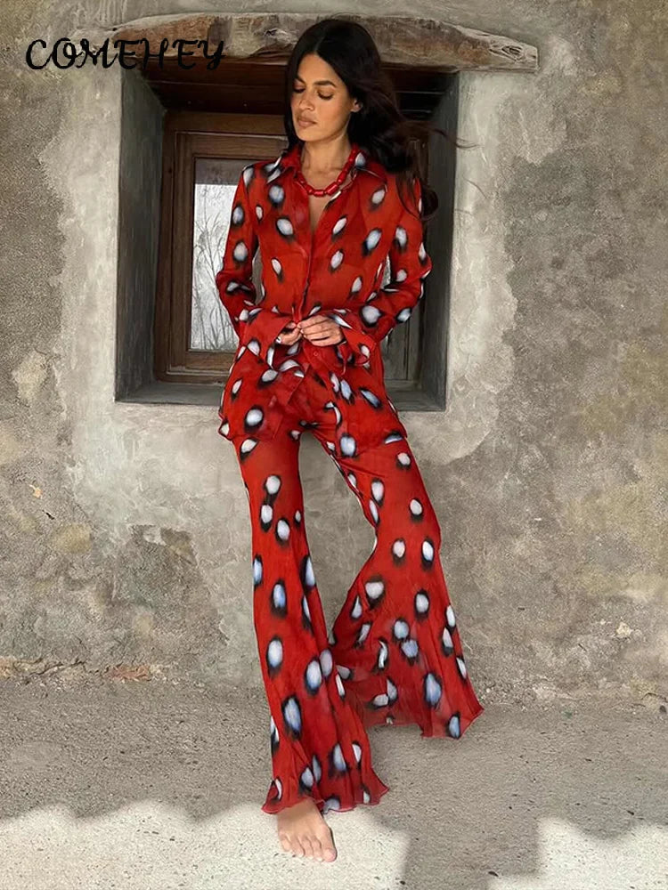 Beach Vacation Printed Shirt Pant Set Women Red See Through Lapel Full Sleeve Button Shirts Pants Suit 2026 Summer Casual Outfit