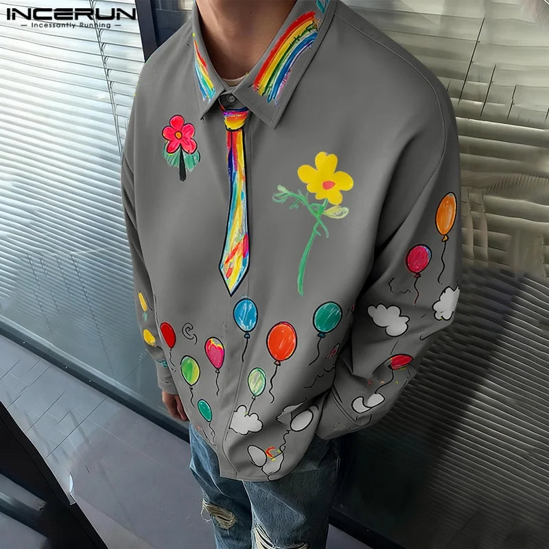 INCERUN Men Shirt Printing Lapel Long Sleeve Loose Men Clothing Streetwear Vacation 2026 Fashion Casual Tops Male Shirts S-5XL