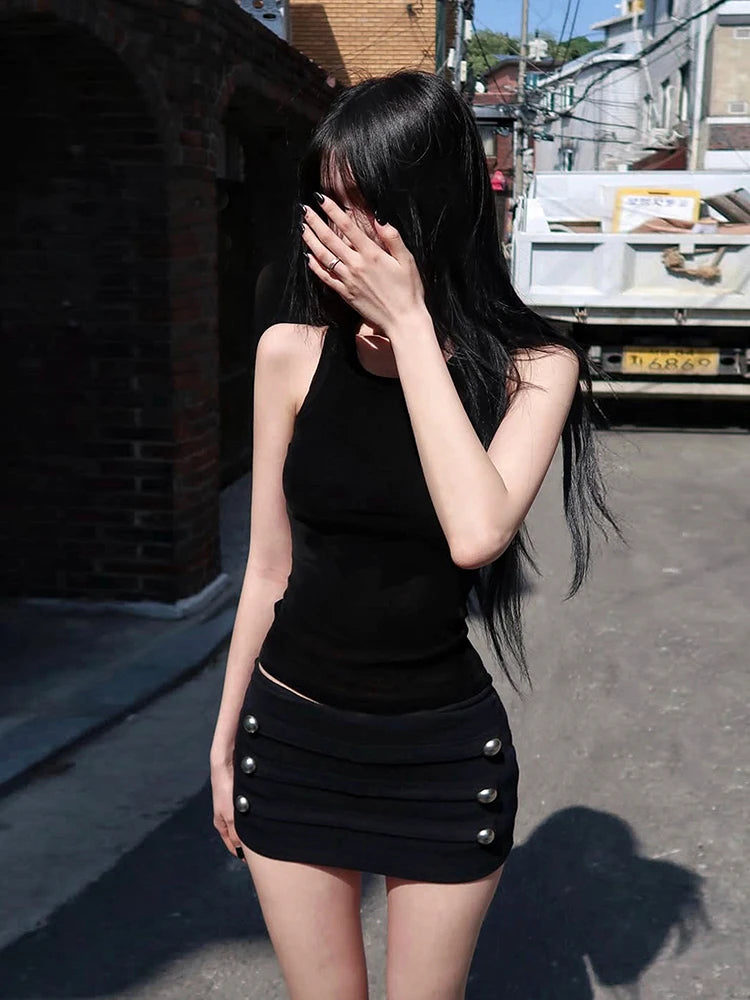 Nibber High Elasticity Hottie Double-Breasted Decoration Short Women Folds Elastic Waist Midnight 2026 Summer Fashion Streetwear