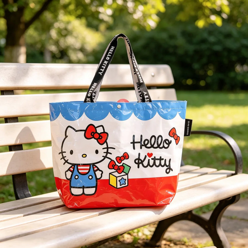 Leopard Print Hello Kitty Eco-Friendly Woven Large Capacity Storage Bag Officially Licensed Cartoon Plaid Waterproof Tote Bag Fo