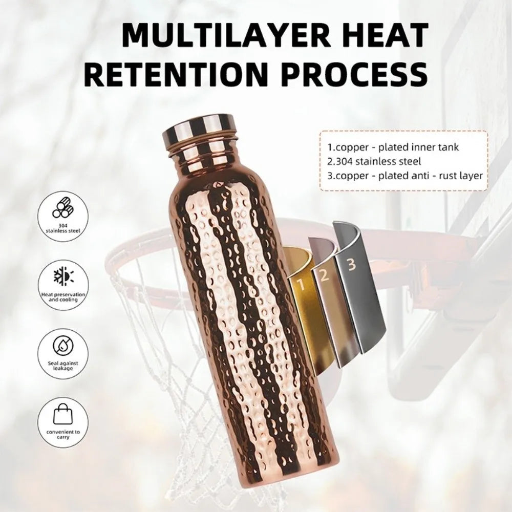 800ML Copper Water Bottle Anti-Slip Silicone Base Thermal Insulation Leakproof Sports Bottle One-Click Open Lid