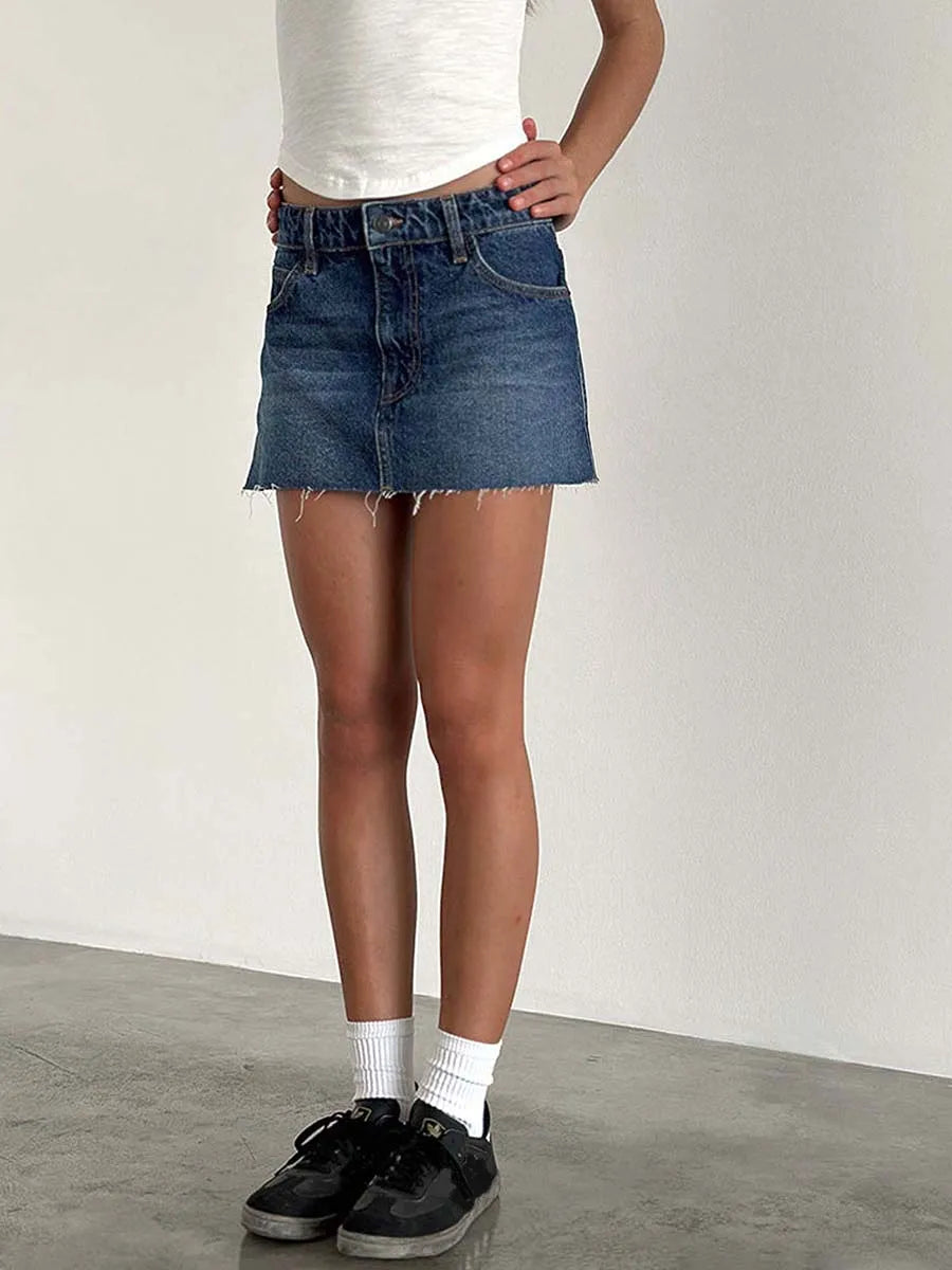 New Womens Denim Mini Skirts Low Waist Raw Hem Casual Fashion Jean Skirts For Summer Club Street Style S-2XL