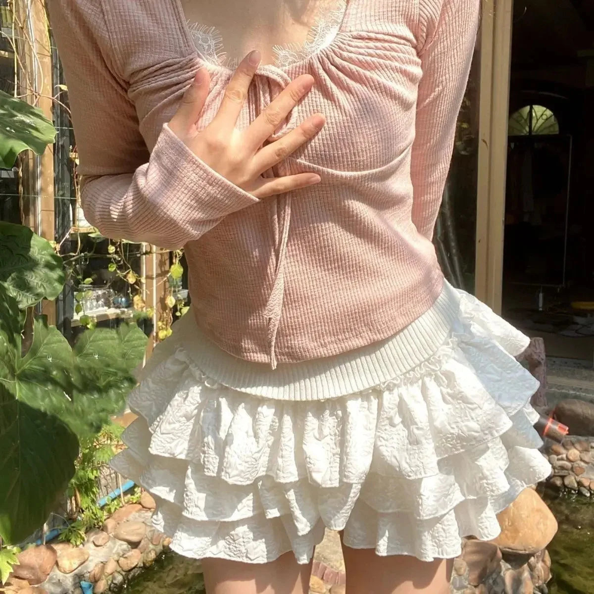 Kawaii Ball Gown Short Skirt Pleated Ruffles Layered High Waist Solid Mini Cake Skirts Lolita Girl Sweet Cute Elastic Waist  Y2K