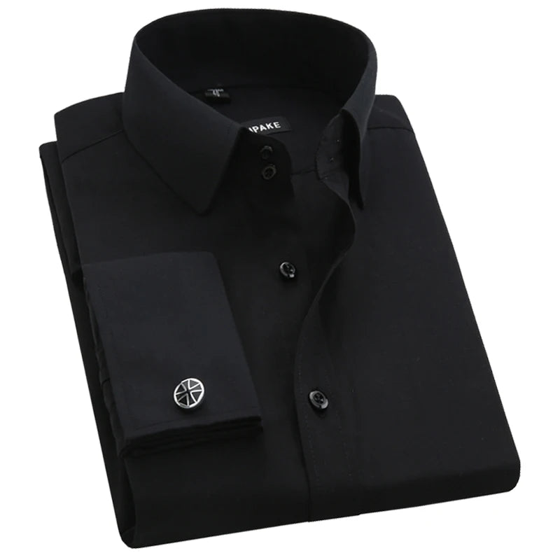 Men's Slim Fit French Cufflink Shirt Long Sleeves Double Cuff Solid Color High End Wedding Formal Dress Casual Men's Clothing