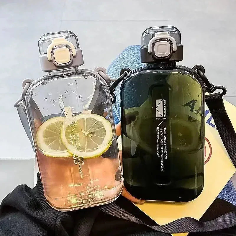 750ML Flat Square Transparent Portable Travel Water Bottle Adjustable Strap Elegant Slim Design for Sports Camping