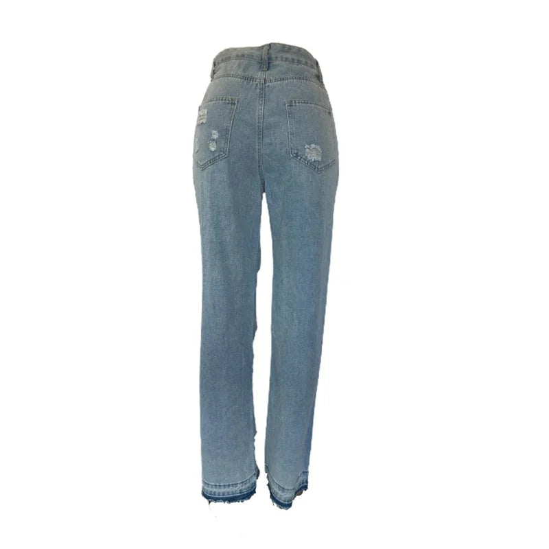 Fashion Ripped Jeans Summer Clothes Women 2024 High Waist Broken Holes Denim Trousers Streetwear Cutout Straight Leg Jean Pants