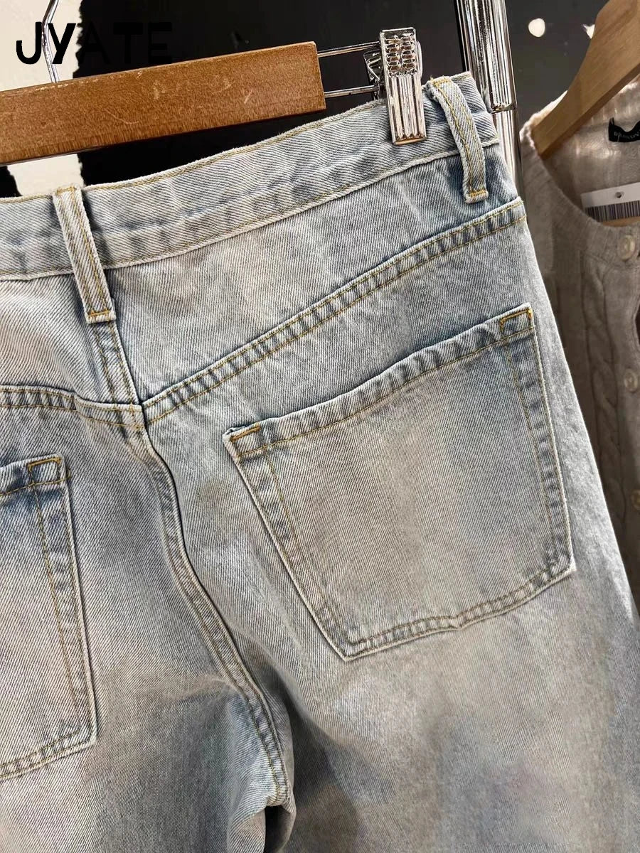 American Vintage Distressed Jeans Women Summer High Waist Pockets Straight Denim Pants Streetwear Loose Retro Baggy Trousers Y2K