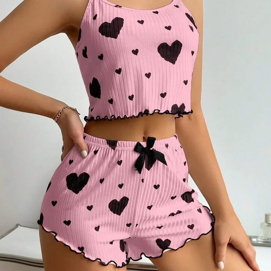 Women 2 Pieces Pajamas Set Homewear Heart Print Underwear Pijamas Sexy Lingerie Camisoles Shorts Sets Nighty Sleepwear