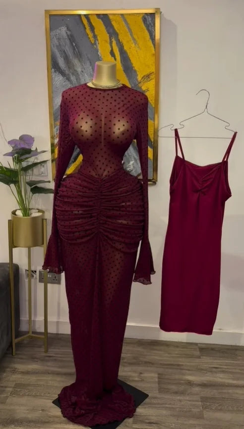 CM.YAYA Women Long Sleeve Ruched Mesh See Though with Lining Bodycon Long Dress 2025 Fall Evening Birthday Sexy Party Dresses