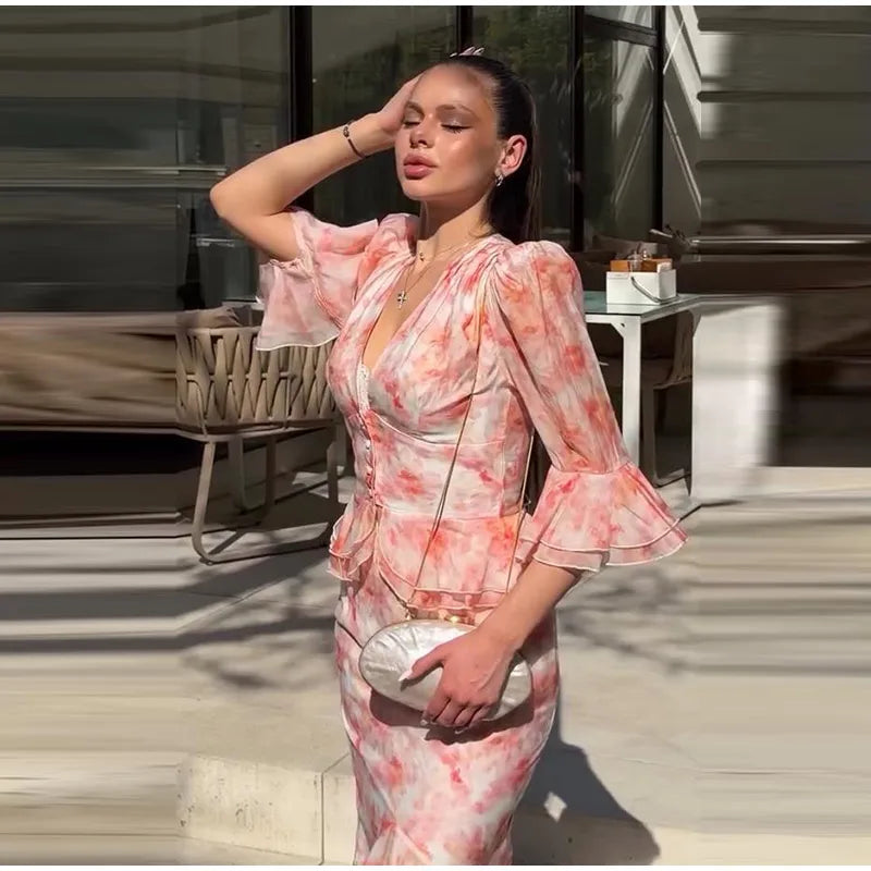 Floral Print Halter Neck Tiered Ruffle Dress Waist Cinched V Neck 2026 Summer Causal Women Vacation Irregular Layered Vestido