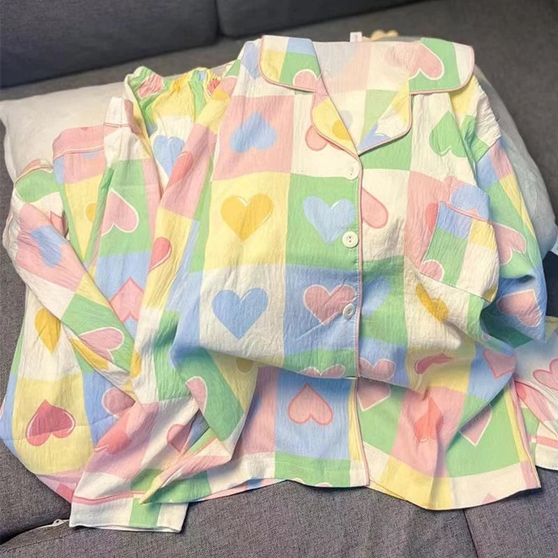 Y2K Colourful Love Plaid Print Women's Pajamas Harajuku Style Sweet Cute Sleepwear Women's New Spring Kawaii 2 Piece Pajamas Set