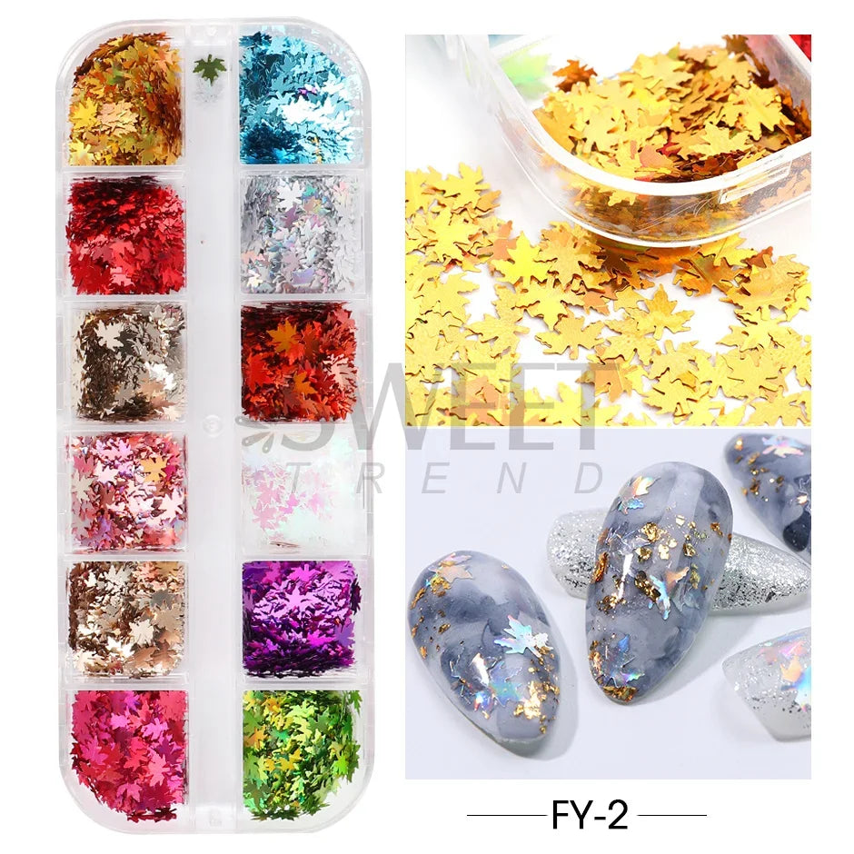 12 Grids Mirror Gold Maple Leaves Nail Art Sequins Autumn Leaf Design DIY Charm Jewelry Fall Theme Glitter Flakes Manicure Decor