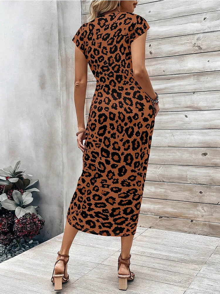 Summer New Leopard Print Short Sleeve Dress Waist-Cinching Commute round Neck Slim Fit Women's Fashion Dress