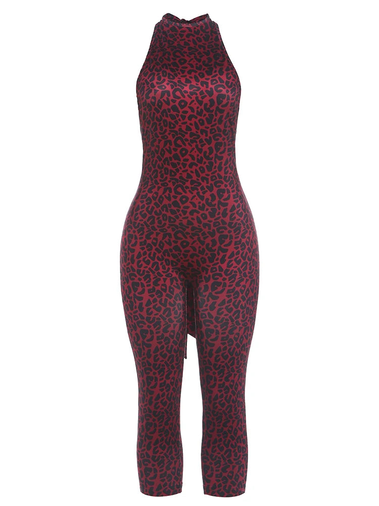 Weird Puss Sexy Leopard Print Romper Women Hottie Trend Halter Backless Bandages Sleeveless Fashion Midnight Street Playsuits