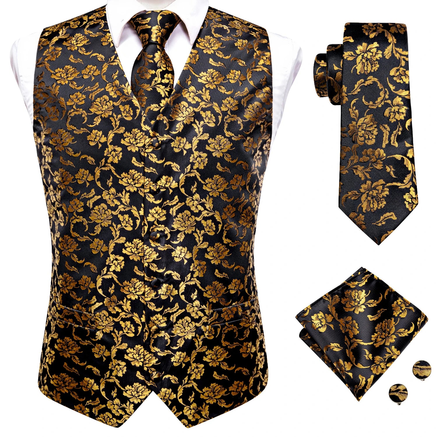 Hi-Tie Silk Mens Waistcoat Tie Set Gold Brown Orange Beige Ivory Khaki Bronze Sleeveless Jacket Suit Vest Necktie Hanky Cufflink