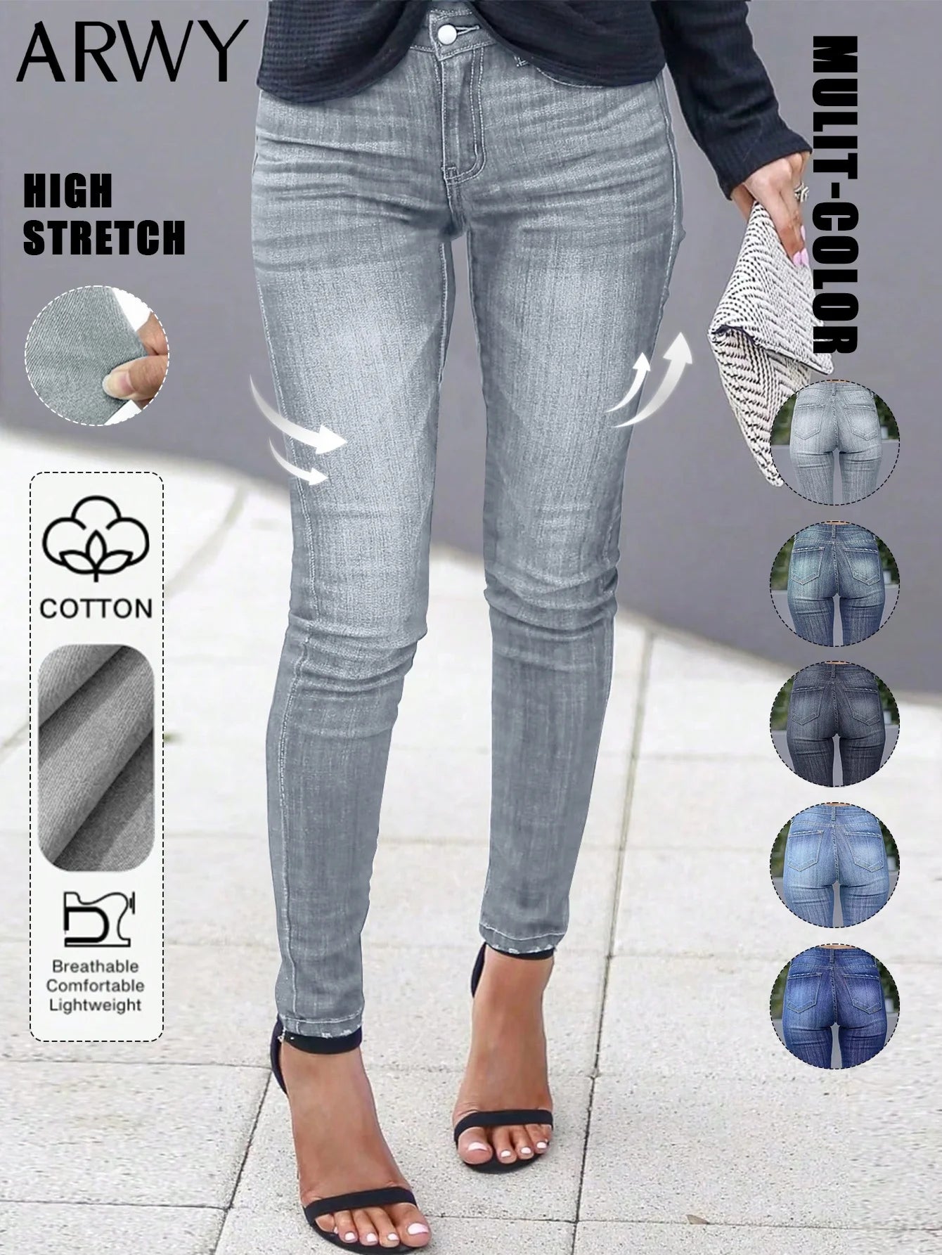 Women's Fashionable Elegant Casual Versatile Washed Cat's Whisker Pattern Skinny Fit Denim Jeans for Daily Wear