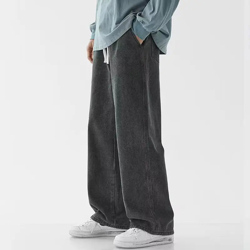 2025 New Korean Men's Casual Long Jeans Classic Man Straight Denim Wide-leg Pants Solid Color Light Blue Grey Black ﻿