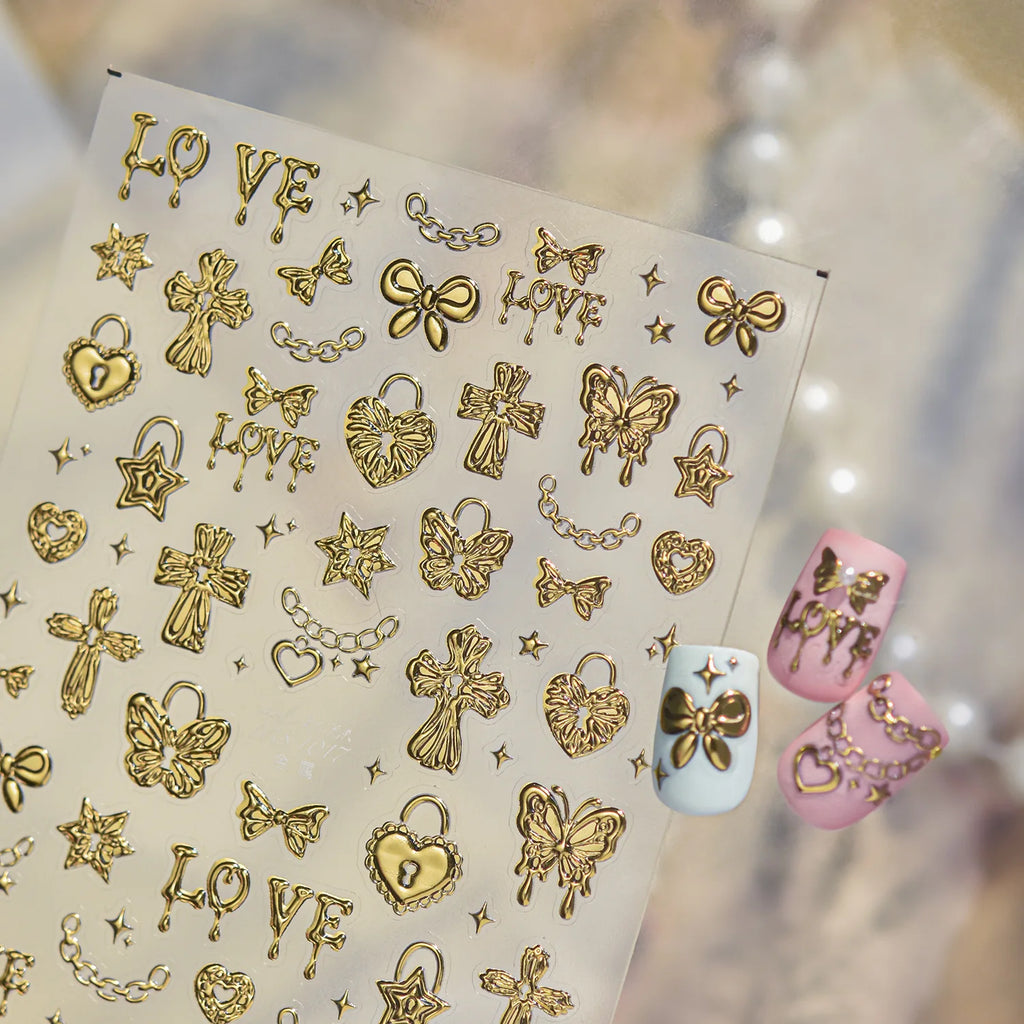 Cute Shiny Stars Chain Nail Stickers Gold and Silver Wavy Star Lines Self Adhesive Nail Stickers for Summer Nail Art Decoration