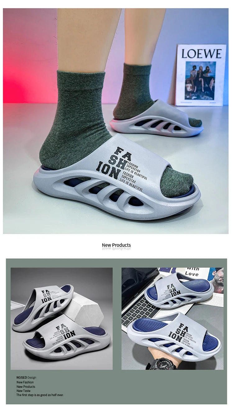 New Summer Men's Slippers 2026 EVA Soft Sole Male Slides Breathable Hollow Beach Sandals Light Comfortable Indoor Flip Flop