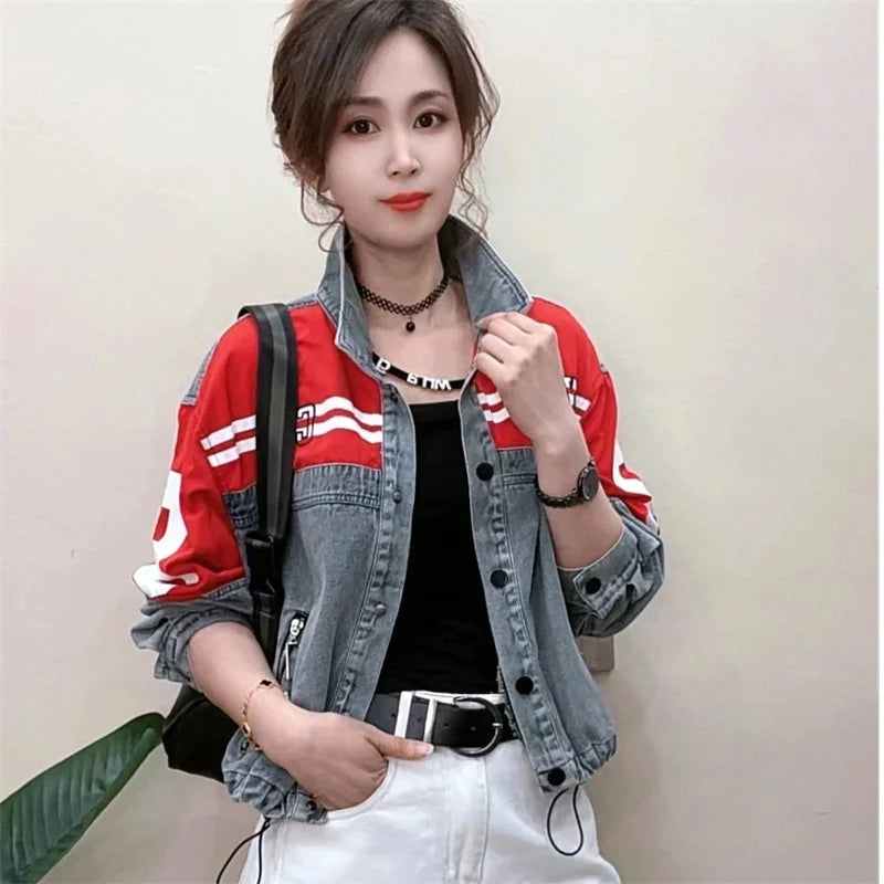 Denim Jacket Women's 2025Spring Autumn New European Fashion Cowboy Coat Female Trend Contrast Jeans Outwear Design Sense Outcoat